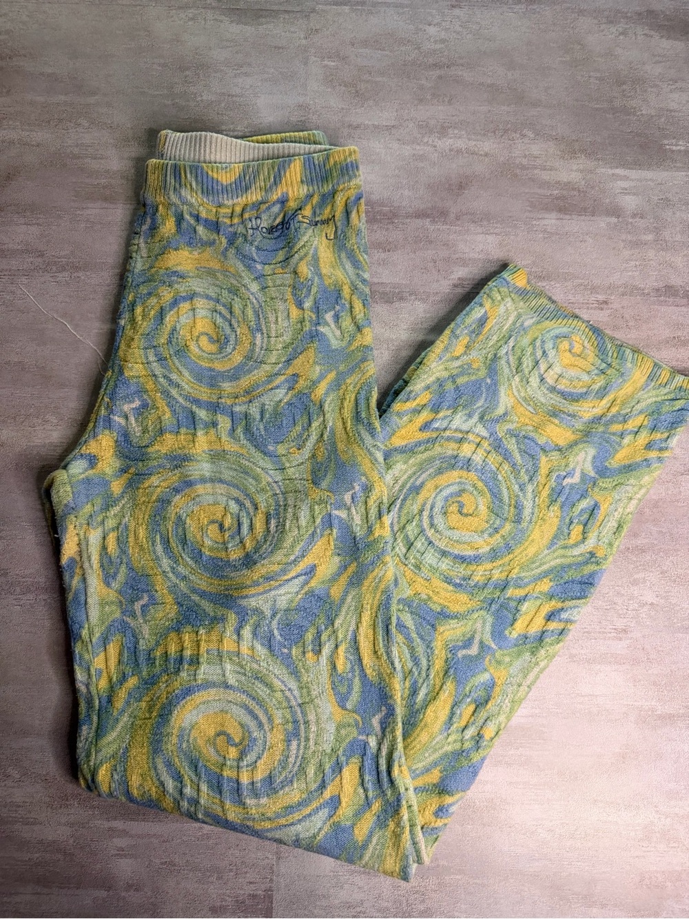 House of Sunny Pastel Blue, Yellow & Green Swirl Knit Pants